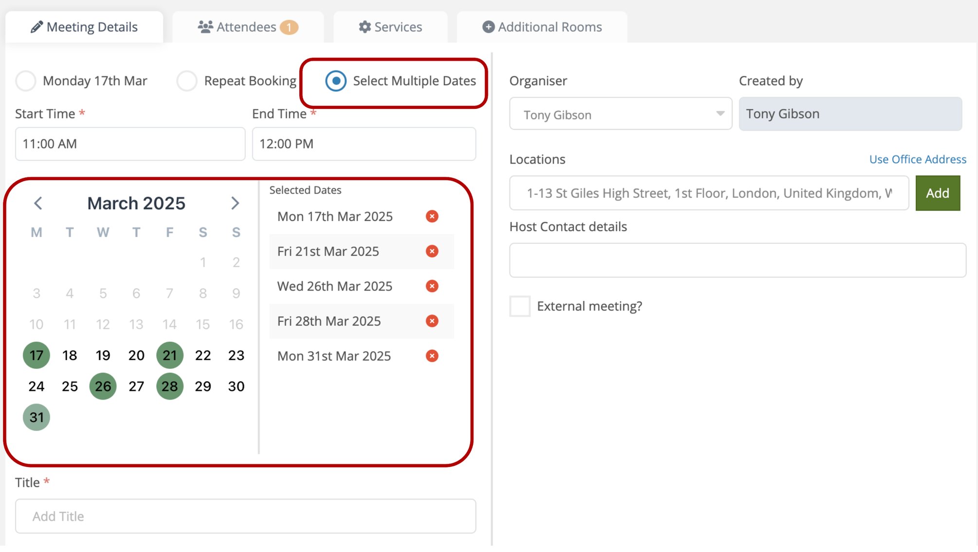 Multi-Select Dates - Meeting Room Bookings